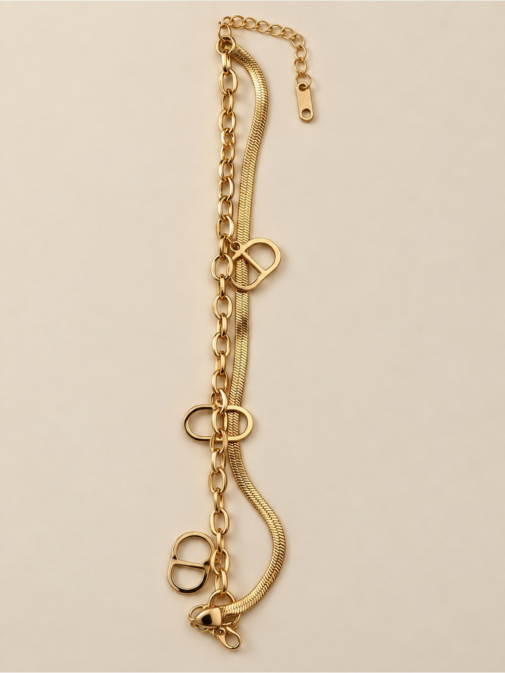 Gold Link & Snake Chain Charm Bracelet